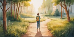 Person at crossroads between two paths in a peaceful forest, one path leading to light