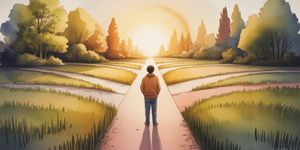 Watercolor illustration of a person standing at a crossroads with multiple paths branching out, warm sunset light