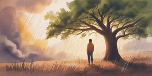 Person standing strong amid a storm, finding shelter under a sturdy tree