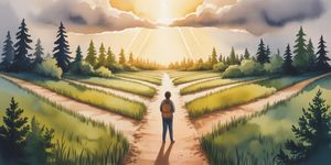 Watercolor illustration of a person standing at a crossroads with multiple paths, warm light breaking through clouds