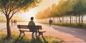 Person sitting alone on a bench at sunrise, with shadows of other people approaching in the warm morning light