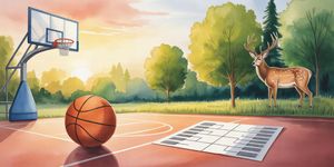 Warm watercolor scene of a quiet neighborhood basketball court at sunset, a small bracket on a table, and an antlered stag nearby