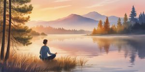 Person sitting peacefully in meditation by a calm lake at dawn, surrounded by nature
