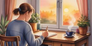 Peaceful watercolor of a person journaling at sunrise with coffee, warm golden light streaming through a window