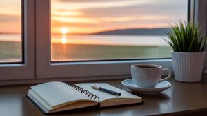 Peaceful morning scene with journaling and sunrise