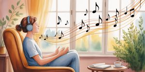 Person sitting peacefully with headphones in a sunlit room, musical notes flowing like healing energy