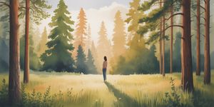 Person standing peacefully in a sunlit forest clearing, surrounded by tall trees with golden light filtering through