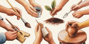 Warm watercolor illustration of hands working on various creative activities like painting, gardening, and woodworking