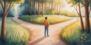Warm watercolor illustration of a person standing at a crossroads in a forest, one path dark and tangled, the other bright with wildflowers, soft earth tones, golden light filtering through trees
