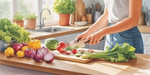 Watercolor illustration of a person preparing healthy food in a sunlit kitchen with fresh vegetables and fruits