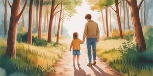 Warm watercolor illustration of a parent and child walking together on a forest path, holding hands, golden afternoon light