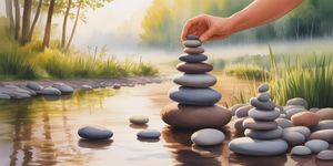 Watercolor illustration of a person carefully stacking stones by a river, some fallen stones nearby, soft morning light