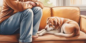 Person sitting peacefully with a golden retriever in a sunlit room, both looking content and calm