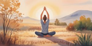 Person stretching at sunrise in a peaceful outdoor setting, representing physical renewal in recovery