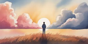 Watercolor illustration of a person standing on a hilltop at sunset, clouds transitioning from pink to realistic gray