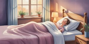 Peaceful bedroom at twilight with moonlight streaming through window, person resting peacefully in recovery