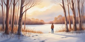 Person standing at the edge of a snowy forest looking toward a bright spring clearing