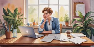 Watercolor illustration of person at desk surrounded by tasks, looking overwhelmed but determined