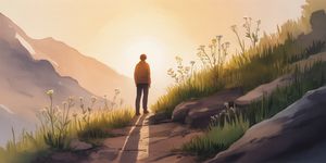 Person standing at the base of a mountain trail, looking up with determination, symbolizing the journey of rebuilding after relapse