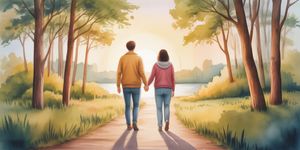Warm watercolor illustration of two people holding hands walking on a peaceful forest path at sunset