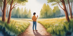 Person thoughtfully holding medication bottle while standing at crossroads between two paths in nature
