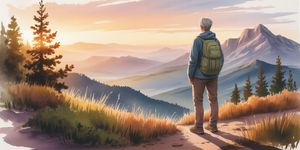 Mature person standing confidently on mountain trail at sunrise, symbolizing strength and wisdom in midlife recovery