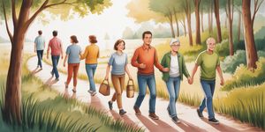 Watercolor illustration of people of different ages walking together on a forest path in warm golden light