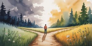 Person standing at crossroads in forest, one path dark with storm clouds representing anger, the other bright with golden light representing healing