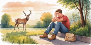 Warm watercolor scene of a worker resting beneath a tree at the edge of a worksite, an antlered stag nearby in a calm landscape
