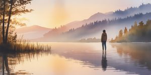 Person looking at their reflection in a peaceful lake at sunrise, showing self-acceptance and inner peace