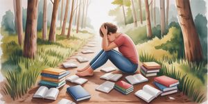 Person sitting exhausted on a forest path, surrounded by scattered recovery books and journals, soft morning light