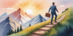 Professional person climbing a mountain path toward success, watercolor illustration