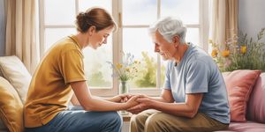 Adult child gently holding elderly parent's hand, warm afternoon light through window, sense of compassion and strength