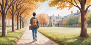 Watercolor illustration of a student walking on a tree-lined campus path at golden hour
