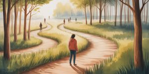 Person standing peacefully on their own path in a forest while other paths diverge in different directions