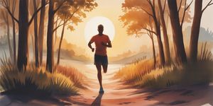 Watercolor illustration of an athlete running at sunrise with determination, warm earth tones