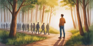 Person standing confidently on their own path while others walk a different direction in soft watercolor