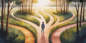 Watercolor illustration of a person standing at multiple crossroads with various paths branching out, soft earth tones, golden morning light