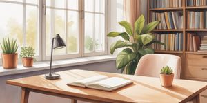 Peaceful minimalist room with morning light streaming through windows, a journal on a clean desk, and a small plant