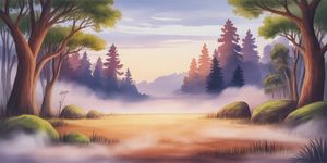 Peaceful forest clearing at twilight with dream-like ethereal quality, soft watercolor style