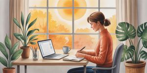 Watercolor illustration of an entrepreneur working peacefully at dawn with a journal and laptop, warm sunrise through window