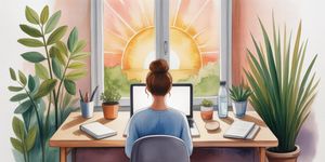 Person working at a desk with balanced elements of work and self-care, warm watercolor illustration
