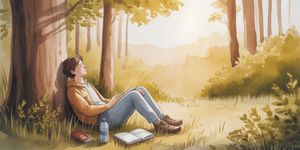 Person resting peacefully under a tree with journal nearby, warm watercolor illustration