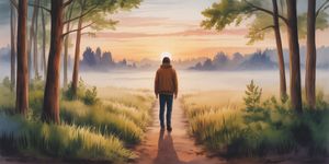 Person standing at the edge of a misty forest path, looking ahead with determination