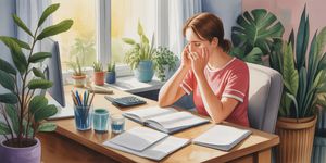 Person sitting at desk with calculator and recovery journal, bills spread out, morning light through window showing hope despite challenges