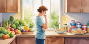 Person standing at a kitchen counter with healthy food on one side and comfort food on the other, contemplating choices