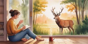 Warm watercolor of a woman sitting by a window with a journal, soft golden light, a stag watching from the edge of the forest outside