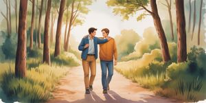 Two friends walking together on a forest path in warm watercolor style, representing friendship in recovery