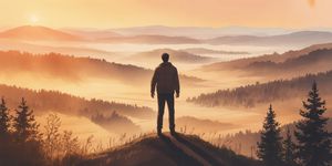 Person standing confidently on a mountain peak at sunrise, looking out over a vast landscape