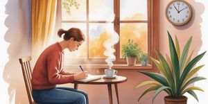 Watercolor illustration of an open journal with a pen on a wooden desk by a window with morning light